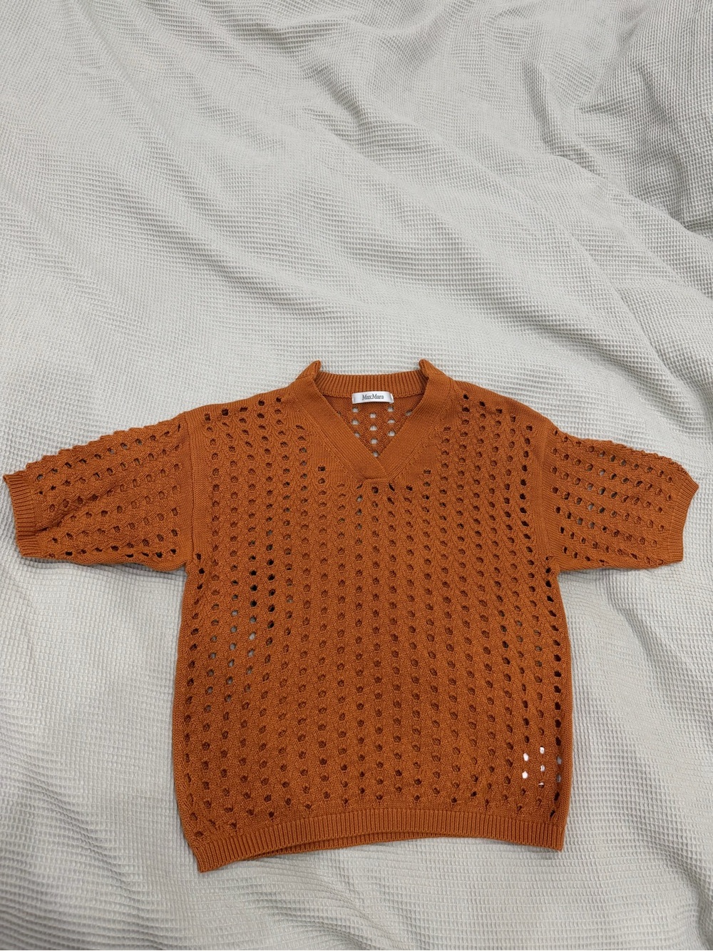 MaxMara Open-Knit V-Neck Short-Sleeve Sweater in Rust